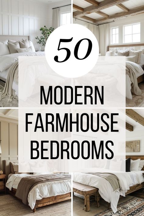 Dive into the charm of modern farmhouse style with our collection of 50 stunning bedroom designs! Whether you're revamping your master suite or sprucing up a small or large space, find endless inspiration and practical design ideas. Explore a variety of curtains, furniture arrangements, soothing paint colors, wall decor, cozy bedding, and elegant lighting to create your perfect retreat. Perfect for anyone looking to infuse a cozy, rustic vibe into their home. Bedroom Ideas Rustic Farmhouse Style, Bedroom Design Wood Furniture, Best Farmhouse Bedroom Paint Colors, Country Farm Bedroom Ideas, Farmstyle Master Bedrooms, Neutral Master Bedrooms Decorating Ideas, Owner Suite Ideas, What Furniture To Put In Bedroom, Neutral Boho Bedroom Decorating Ideas