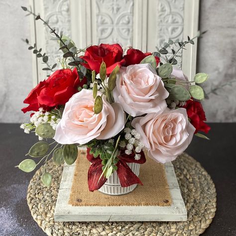 Red and Pink Rose Faux Flower Arrangement | Valentines Day Anniversary Birthday Gift Artificial Flower Arrangement | Dozen Roses Arranged Spiral Eucalyptus, Pink Eucalyptus, Winter Centerpieces, Dozen Roses, Dollar Eucalyptus, Red And Pink Roses, Babies Breath, Faux Floral Arrangement, Faux Flower Arrangements