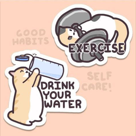 Self Care Cat Stickers - Drink Water Cat Sticker and Exercise Cat | Cute Water-Bottle S #StickerCraft Drink Water Sticker, Panda Illustration, Buy Stickers, Cat Drawings, Cute Water Bottles, Unicorn Stickers, Cat Drinking, Creative Gardening, Free Valentine