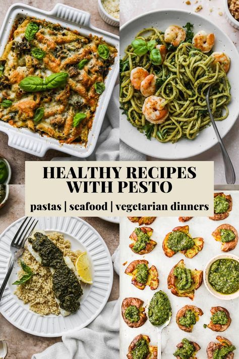 Pinterest graphic for a healthy pesto recipe roundup. Pesto Dishes Dinners Healthy, High Protein Pesto Recipe, Pesto Recipes Dinner Vegetarian, Pesto Dinner Recipes Healthy, Healthy Pesto Meals, Pesto Recipes Lunch, Healthy Pesto Recipe Meals, Recipes Using Pesto Healthy, Pesto Healthy Recipes