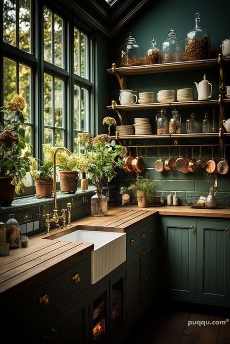 green-kitchen-paint-ideas- Modern Dark Academia Kitchen, Dark Academia Kitchen Aesthetic, Moody Farmhouse Kitchen, Dark Academia Kitchen, Green Kitchen Paint, Moody Farmhouse, Cottage Core Kitchen, 40 Aesthetic, Vermont House