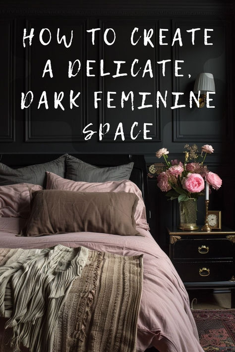 Ready to unveil the elegance of dark feminine decor in your bedroom? Explore how to mix deep colors with feminine touches for a sophisticated retreat. Click for inspirational decor ideas! 🛏️💜 #SophisticatedStyle #FeminineChic #BedroomRetreat #DarkDecor #ElegantBedroom Bedroom Ideas One Window, Witchy Bedroom Ideas Cozy, Moody Blush Bedroom, Feminine Energy Bedroom, Dark And Cozy Aesthetic, Dark Luxurious Bedrooms, Art In Bedroom Ideas, Queen Bedroom Aesthetic, Red Moody Bedroom