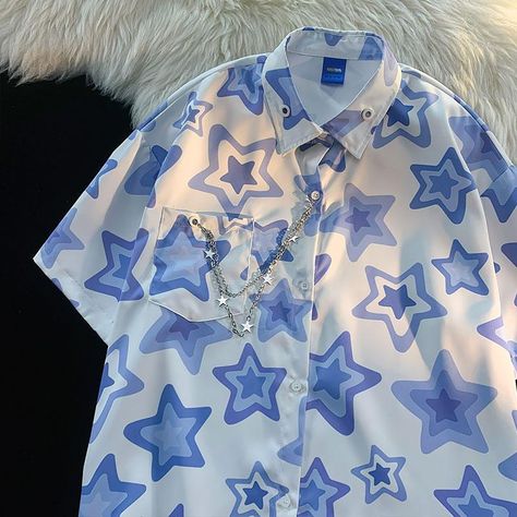 GAR BETHE Summer Floral Shirt Short-sleeved Casual Hawaiian Full-body Printed Half-sleeved Shirt Couple Beach All-match Foreign Style Top blue-S Cartoon Stars, Blouse Korean Style, Y2k Star, Snk Cosplay, Harajuku Streetwear, Ropa Diy, Comfortable Tops, Early 2000s, Summer Floral