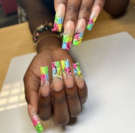 long nails | acrylic nails | gel x nails | 90s nail art | y2k nails | nail design | summer nails | neon nails 80s Nails Acrylic, 90 Nails The 90s Art Designs, 90s Theme Nails, 2000 Nail Designs, 90s Nails Acrylic, 80s Nail Designs, 2k Nails, 90s Nail Art, Curly Nails