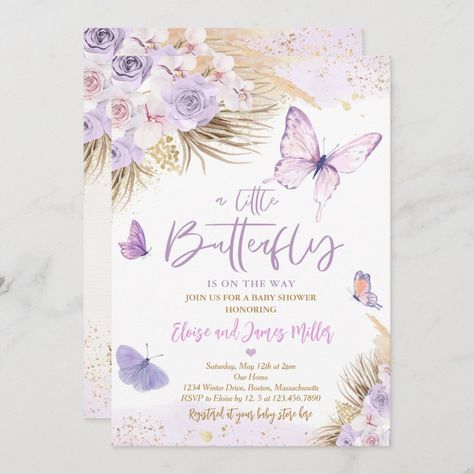 Boho Purple Butterfly Pampas Grass Baby Shower Invitation Purple Butterfly Baby Shower Invitations, Baby Shower Themes Girl Butterfly, Lavender Butterfly Baby Shower Ideas, Purple Butterfly Invitation Template, Pink And Purple Baby Shower Ideas, Boho Butterfly Baby Shower Ideas, Purple Butterfly Centerpieces, Purple Butterfly Baby Shower Theme, Butterfly Shower Invitations