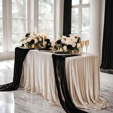 Luxurious Black Velvet Wedding Table Runner 20 x 120 Inches Black Table Runner Wedding Round Table, Ivory Gold And Black Wedding, Unique Wedding Table Centerpieces Reception Ideas, Ivory And Black Wedding Reception, Black Runner Wedding Table, Black Velvet Table Runner, White Table Cloth Black Runner Wedding, Black Copper And Champagne Wedding, Wedding Tables With Black Tablecloths