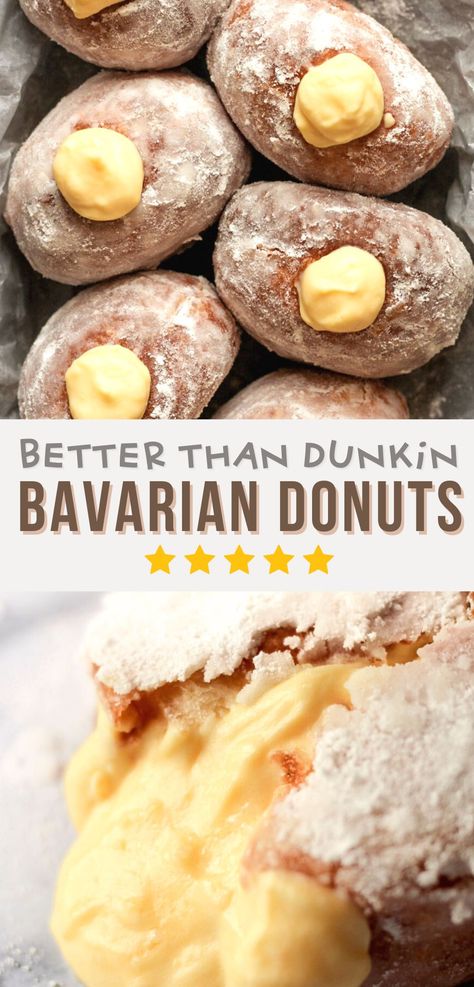 Bavarian cream donut recipe Bavarian Creme Donut Recipe, Dunkin Doughnuts Recipe, Best Doughnuts Recipe, Filled Doughnuts Recipe, Jam And Cream Donut Recipe, Bavarian Cream Cupcakes, Baked Boston Cream Donut Recipe, Bakery Doughnut Recipe, Bavarian Donut Recipe