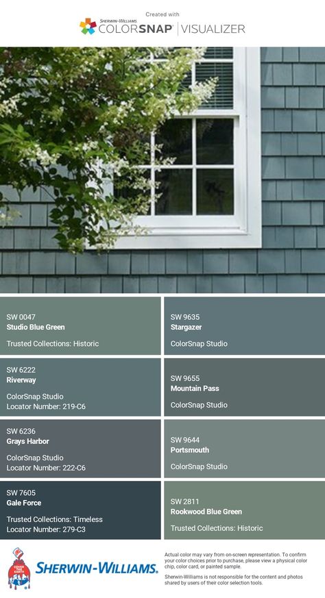 I just created this color palette with the Sherwin-Williams ColorSnap® Visualizer app on my Android phone. What do you think? You can learn more about ColorSnap Visualizer and get it on your phone free by visiting https://www.sherwin-williams.com/content/colorsnap.html. Blue And Green House Exterior, Blue Green Exterior Paint Colors, Blue Green Exterior House Colors, Neutral Exterior House Colors, Bungalow Exterior Makeover, Ranch House Exterior Colors, House Exterior Colors Blue, Blue Exterior House Colors, Green House Paint