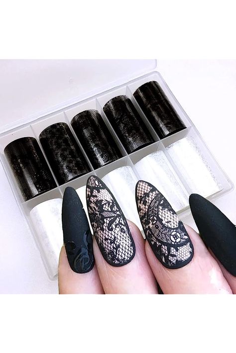 10 Rolls Lace Nail Art Foil Transfer Sticker Sexy Nail Foil Stickers Decals Kit Black White Sexy Lace Nail Design for Acrylic Nail Wedding Nail Art Decoration Starry Sky Lace Flowers Nail Foils Lace Nail Foil Designs, Lace Foil Nails, Black Lace Nails Designs, Lace Nails Designs, Almondetto Nails, Black Lace Nail Art, Black Lace Nails, Steampunk Nails, Nail Wedding