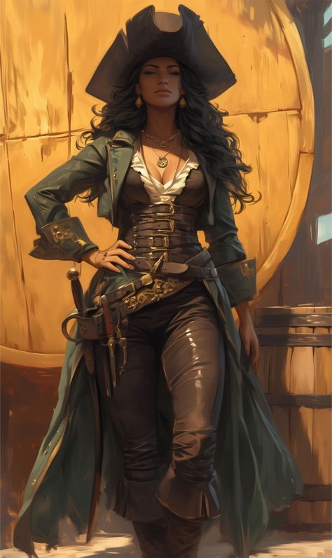 Female Pirate Captain Outfit, Pirate Astethic Clothes, Female Pirate Captain Character Design, Sky Pirate Character Design, Swashbuckler Character Art, Pirate Captain Female, Pirate Poses Reference Drawing, 1800s Character Design, Black Female Pirate