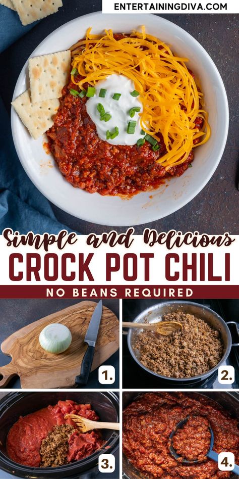 No Bean Turkey Chili, No Bean Chili Recipe, Football Party Menu, Easy Chili Recipe Crockpot, Hotdog Chili Recipe, Turkey Chili Crockpot, Beans In Crockpot, Cooking Onions, Bean Chili Recipe