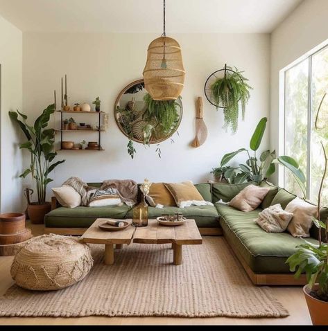 Wicker Sofa Living Room, Green Apartment Decor, Green Sectional Sofa, Green Sectional, Sofa Cozy, Green Living Room Decor, Room Bedrooms, Earthy Living Room, Cream Living Rooms