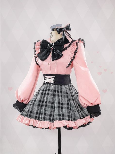 This price includes a shirt, a skirt, a bow tie, a pair of stockings, a pair of bowknot hairclips, a pair of ear clips and rings.  Step into the world of kawaii fashion with this adorable Hoshino Ai Jirai Kei cosplay outfit! This charming pink shirt and gray skirt ensemble captures the essence of Lolita-style clothing, perfect for cosplay events, tea parties, or simply adding a touch of whimsy to your everyday look. Embrace your inner Lolita with this delightful costume set inspired by OSHI NO KO's distinctive aesthetic.  Shirt   	 		 			Size 			S 			M 			L 			XL 		 		 			Full Length 			54 			55.5 			57 			58.5 		 		 			Bust 			84 			88 			92 			96 		 		 			Sleeve Length 			61 			62 			63 			64 		 		 			Shoulders 			34 			36 			38 			40 		 	     Skirt   	 		 			Size 			S 			M 			L 			XL Pink Futuristic Outfit, Jirai Kei Skirt, Menhara Fashion, Clown Fashion Aesthetic, Dti Valentines Outfit Ideas, Visual Kei Fashion Outfits, Yandere Fashion, Jirai Kei Clothes, Goth Fashion Outfits