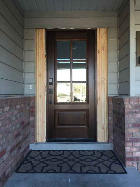 Before and After: Our New Front Door! Exterior Door Molding, Door One Sidelight, Exterior Front Door With One Sidelight, Update Front Door Sidelights, Front Door Without Sidelights, Mirror Front Door, Trim Around Front Door Exterior, Front Door Molding Exterior, Entry Door Makeover