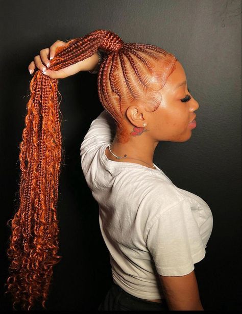 French Braided Ponytail Hairstyles, Braided Ponytail Hairstyles Black Women With Color, Medium Feed In Ponytail, Ginger Scalp Braids, Small Feedin Ponytail Hairstyles, Boho Stitch Braids Ponytail, Feedin Ponytail Hairstyles, Braided Ponytail Designs, Boho Stitch Braid Ponytail