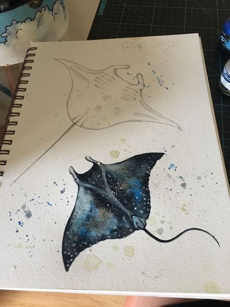 Drawings Of Stingrays, Manta Ray Watercolor Paintings, Stingrays Drawings, Mantaray Watercolor, Stingray Art Painting, Stingray Drawing Art, Ocean Watercolor Art, Manta Painting, How To Draw A Stingray