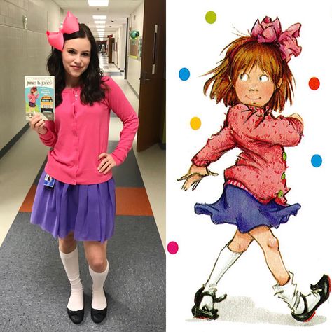 Junie B Jones book character costume! Junie B Jones Costume, Girl Book Characters, Childrens Book Character Costumes, Story Book Costumes, Character Day Ideas, Book Character Costume, Kids Book Character Costumes, Storybook Character Costumes, Book Characters Dress Up