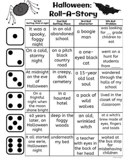 Halloween Literacy Activities, Halloween Worksheets Free, Halloween Writing Activities, Roll A Story, Halloween Literacy, Worksheets For Preschoolers, Third Grade Writing, Halloween Reading, Halloween Writing