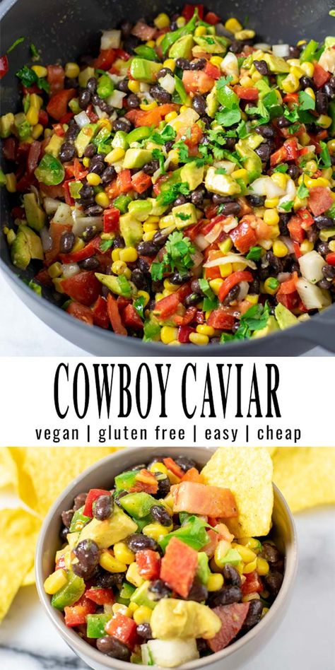 This Cowboy Caviar comes together in around 10 minutes and is made with black beans, corn, tomatoes, cilantro, bell pepper. All covered in a tasty homemade sauce. Great with tortilla chips and a family favorite with big flavor. #vegan #dairyfree #vegetarian #dinner #lunch #mealprep #budgetmeals #cowboycaviar #texascaviar #contentednesscooking Cowboy Caviar Vegan, Super Bowl Mexican Food Ideas, Easy Vegan Appetizers Simple, Gluten Free Cowboy Caviar, Gf Df Potluck Ideas, Easy Vegetarian Potluck Dishes, Meatless Party Food, Vegan Football Party Food, Dairy Free Party Appetizers