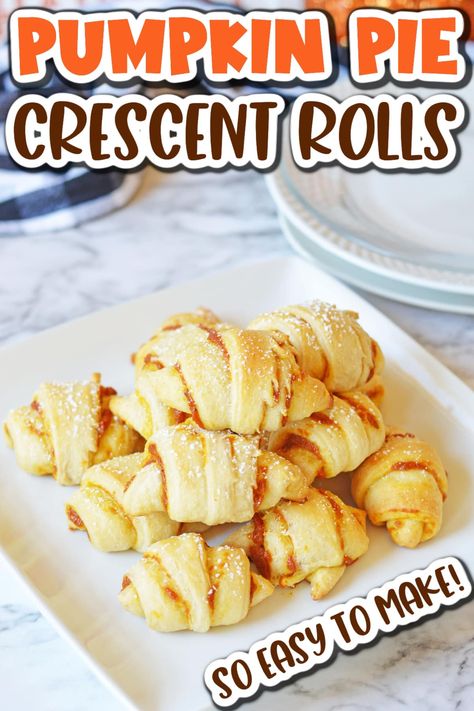 This Pumpkin Crescent Roll Recipe is the perfect addition to your fall season baking line-up. Buttery crescent rolls are baked to golden perfect with a sweet brown sugar pumpkin filling. Loaded with all the fall flavors everyone loves, they make a delicious, sweet treat for breakfast or fun mini dessert bites for holiday gatherings! Pumpkin Crescent Roll Recipes, Pumpkin Crescent Rolls, Fall Pastry, Phylo Dough, Cheesecake Crescent Rolls, Best Apple Desserts, Crescent Roll Cheesecake, Pumpkin Filling, Mini Pumpkin Cheesecake