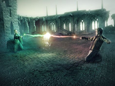 The Final Battle between Harry and Voldemort Hogwarts Final Battle, Harry Potter And Voldemort Battle, Harry Potter Final Battle, Lord Voldemort Wallpaper, Voldemort Wallpaper, Wizard Battle, Deathly Hallows Wallpaper, Harry Potter Vs Voldemort, Hogwarts Battle