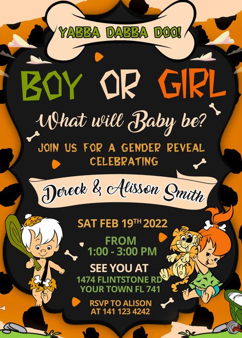 Black Pebbles And Bam Bam Gender Reveal, Gender Reveal Ideas Flintstones, Pebble And Bam Bam Gender Reveal, Flint Stones Gender Reveal, Pebbles And Bam Bam Gender Reveal Ideas, Bugs Bunny And Lola Gender Reveal, Character Gender Reveal Ideas, Flinstones Invitations, Yabba Dabba Doo Gender Reveal