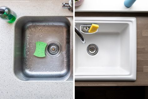 Undermount vs. Drop-In Sinks: Which Is Better? | The Family Handyman Undermount Vs Drop In Sink, Drop In Kitchen Sink Ideas, Drop In Sink Kitchen, Drop In Sink Bathroom, Overmount Sink, Under Mount Kitchen Sink, Topmount Sink, Drop In Bathroom Sinks, Drop In Kitchen Sink