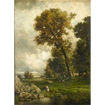 Landscape with figure under tree Swedish Landscape, French Wallpaper, Piano Video, Aesthetic Galaxy, View Landscape, Classic Music, French Poster, Digital Art Gallery, Art Deco Posters