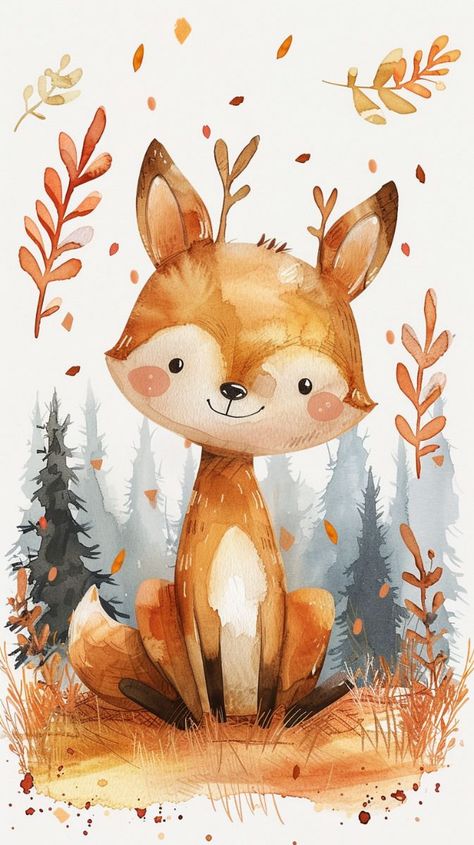 design woodland animal cute painting poster Woodland Creature Watercolor, Cute Fawn Drawing, Cat Character Drawing, Woodland Creatures Art, Woodland Animals Illustration, Cute Fox Art, Baby Woodland Animals, Forest Animals Illustration, Watercolor Woodland Animals