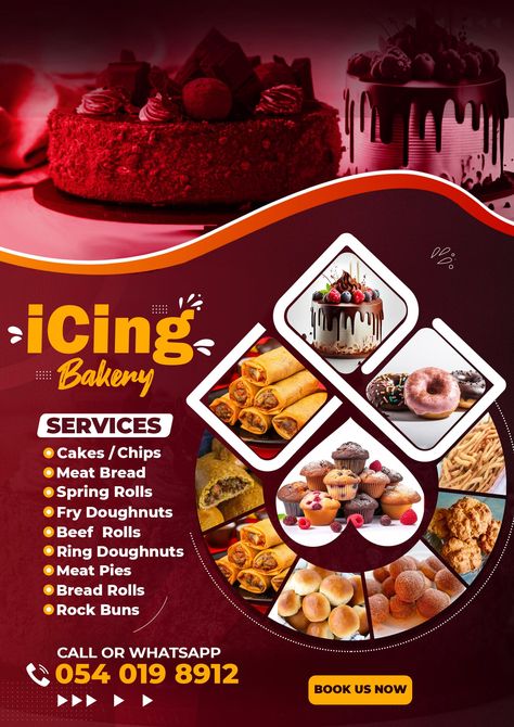 Design for Icing Bakery 💻🖱🖌💯 Advertising Background Design, Cake Flier Designs, Catering Graphic Design, Cakes Poster Design, Food Menu Flyer Design, Snacks Flyer Design, Business Flyers Designs, Cake Shop Banner Design, Birthday Graphics Design Flyers