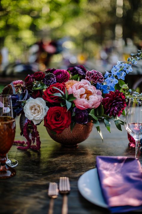 Lush jewel toned wedding centerpiece features peonies, roses, dahlias, and more for a Houdini Estate wedding reception by Winston and Main. Colorful Flowers Centerpieces, Moody Jewel Tone Wedding Decor, Jewel Tone Vintage Wedding, Jewel Tone Wedding Flowers Centerpieces, Family Photos Jewel Tones, Jewel Tone Flowers Wedding, Jewel Tone Floral Arrangements, Wedding Flowers Jewel Tones, Cheap Wedding Flower Ideas