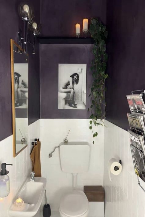 purple-bathroom-color-idea Purple Bathroom Wall, Purple Downstairs Toilet, Purple Bathroom Ideas Decor Small Spaces, Purple Green Bathroom, Small Half Bathroom Paint Ideas, Purple And Green Bathroom, Purple Toilet, Dark Purple Bathroom, Purple Bathroom Ideas