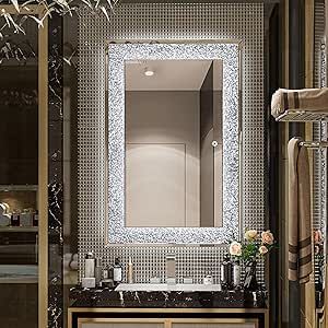 MUAUSU LED Crystal Mirror for Bathroom 3 Color Modes 36"x24" Crush Diamond Mirror with Lights Rectangular Silver Decorative Mirrors for Wall Bling Bathroom, Silver Bathroom Decor, Full Length Mirror Stand, Glamorous Bathroom Decor, Crystal Bathroom, Crystal Mirror, Diamond Mirror, Crushed Diamonds, Silver Wall Mirror