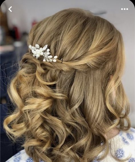 Fancy Mid Length Hairstyles, Bridal Hair Half Up Half Down Mid Length, Lob Hairdos Half Up, Wedding Hairstyles For Mid Length Hair Half Up Half Down, Ball Hairstyles Shoulder Length, Mid Length Hair Curls Wedding, Bridal Hairstyles Half Up Half Down Short Hair, Mother Of The Bride Hair Styles For Shoulder Length Hair, Half Up Half Down Shorter Hair