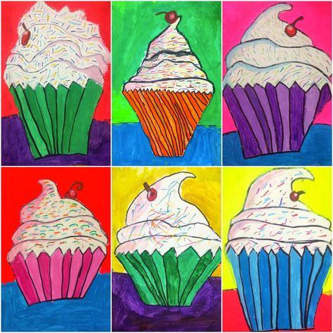 4th Grade Wayne Thiebaud Cupcakes 2nd Grade Art, Wayne Thiebaud, 4th Grade Art, 5th Grade Art, 3rd Grade Art, Sisters Art, Art And Craft Videos, Art Lessons For Kids, Ecole Art