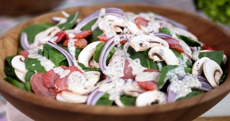 Spinach Salad with Pickled Strawberries and Poppy Dressing Spinach Salad With Grilled Chicken And Pickled Strawberries, Poppy Dressing, Pickled Strawberries, Best Spinach Recipes, Edible Greens, Easter Dinners, Spinach Salads, Today Recipes, Spinach Salad With Chicken