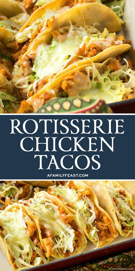 These Easy Rotisserie Chicken Tacos are a quick and delicious weeknight meal, and a great way to feed a crowd at your next game day party. Tacos Dinner, Happy Chickens, Rotisserie Chicken Tacos, Tacos Chicken, Mexikansk Mat, Chicken Taco Recipes, Game Day Party, Taco Pizza, Yummy Chicken