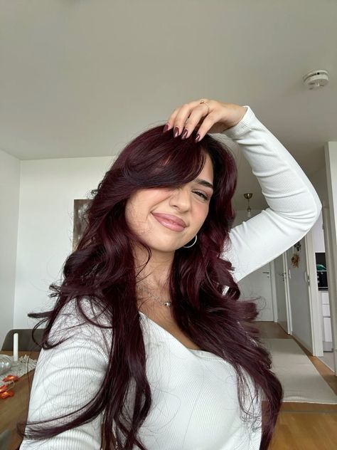 Long Burgundy Hair With Layers, Haircuts For Long Red Hair, Sangria Red Hair, Cherry Cola Shades Eq, Red Hair In The Sun, Cherry Red Cola Hair, Red Hair Gloss On Brown Hair, Long Cherry Red Hair, Cherry Red Hair Outfits