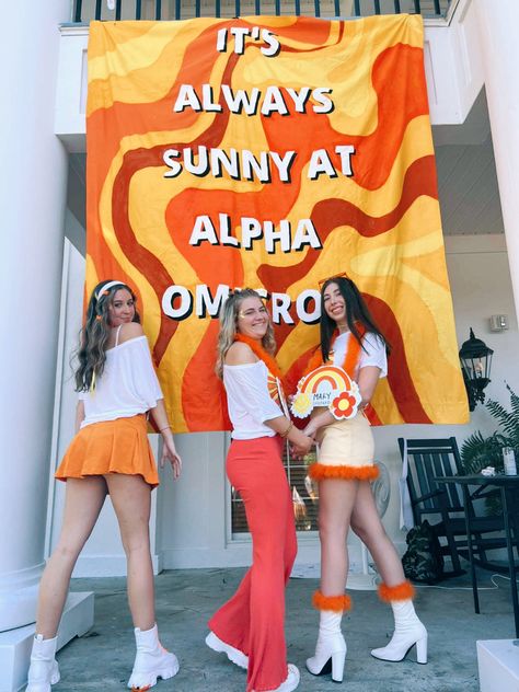 Golden Hour Recruitment, Sunshine Sorority Theme, Creative Bid Day Themes, Sorority Bid Day Banner, Sunshine Bid Day Theme, Aoii Bid Day, Walking On Sunshine Bid Day, Spring Bid Day Themes, Sorority Themes Recruitment