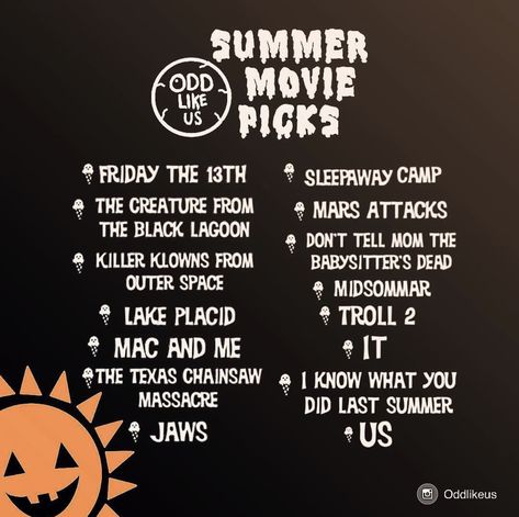 Summerween Movie List by Odd Like Us Summerween Movie List, Summer Slasher Movies List, Summerween Date Ideas, Halloween In The Summer, Slasher Summer Movies, Summer Horror Movies, Summer Slasher Vibes, Summerween Movie Night, Summerween Party Activities