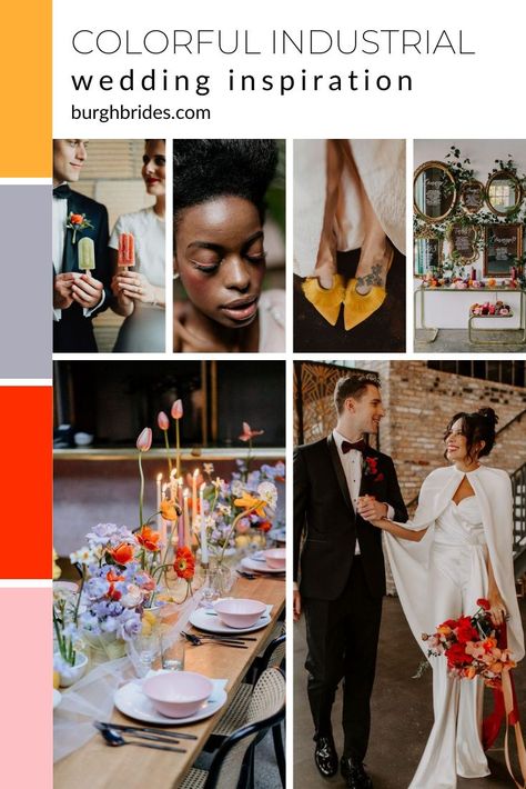 Colorful Industrial Wedding Inspiration. For more wedding style inspiration, visit burghbrides.com! Industrial Wedding Colors Palette, Colorful Industrial Wedding, Colorful Industrial, Industrial Wedding Inspiration, Colorful Eclectic, Wedding Style Inspiration, Bridal Atelier, Traditional Gowns, City Bride