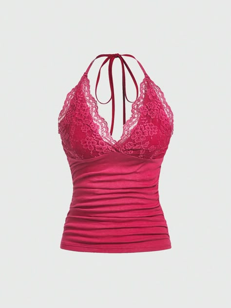 Contrast Lace Ruched Halter Top Hot Pink Elegant   Knitted Fabric Plain Halter Slight Stretch  Women Clothing, size features are:Bust: ,Length: ,Sleeve Length: Love Core Outfits, Hot Pink Clothes, Hot Pink Outfits, Punk Top, Hot Pink Top, Pink Halter Top, Top Halter, Pink Outfits, Pink Top