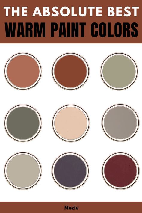 These are out absolute favorite warm paint colors to create a cozy home. Cozy Farmhouse Color Palette, Earthy Home Paint Colors, Earthtone Home Decor, Paint Color Pallets For The Home, Warm Tone Paint Colors, Warm Moody Bedroom, Warm Kitchen Colors For Walls, Rustic Color Palette For Home, Warm Brown Paint Colors