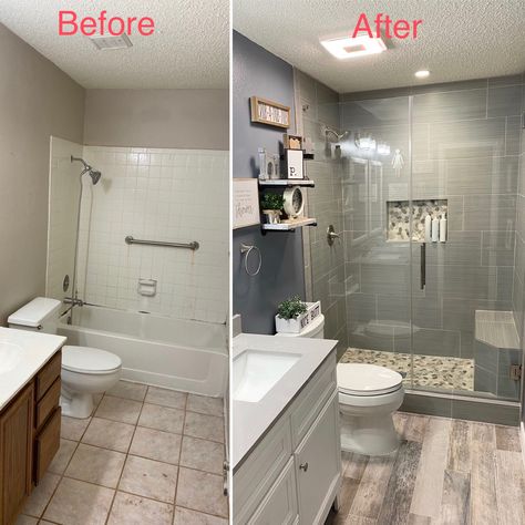 Remodeled Restroom Ideas, Old Tub Remodel, Small Master Bath Remodel Before And After, Bathroom Remodel Ideas Small Layout, Remodel Guest Bathroom Ideas, Full Size Bathroom Ideas, Master Bath Remodel Small Layout, Master Bath Reno On A Budget, 3 Piece Bathroom Remodel