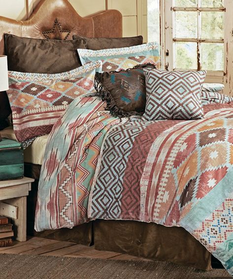 Navaho Comforter Set: Inspired by the culture of southwestern tribes, this ensemble features diamond patterns typical of traditional Navajo design. Southwest Bedroom, Western Comforter Sets, Western Bedrooms, Western Bedroom Decor, Western Rooms, Western Bedding, Western Bedroom, Painted Desert, Desert Southwest