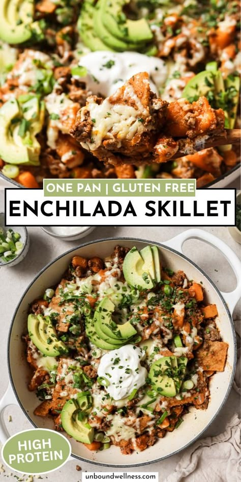 Ground Beef Enchilada Skillet {Paleo, Gluten-free} - Unbound Wellness Easy Gluten Free Healthy Dinner, Beef Recipes Gluten Free Dairy Free, Clean Eating Hamburger Meat Recipes, One Pot Paleo Recipes, 5 Ingredient Gluten Free Recipes, Low Gluten Meals, Gluten Free Large Group Meals, Healthy Fall Ground Beef Recipes, Healthy Enchilada Bowl