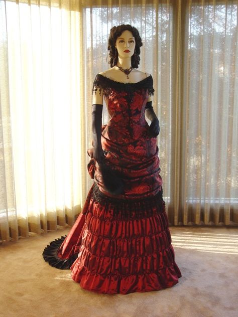 Proper ball gown. Gothic Ballgown Dress, Gothic Dress Victorian Ball Gowns, Historical Victorian Dress, Off Shoulder Victorian Dress, Black And Red Victorian Dresses, 1800 Gothic Fashion, Red Goth Wedding Dress, Vampire Gown Victorian Gothic, Red Victorian Outfit