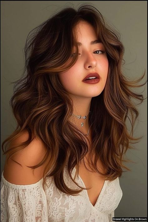 Hazelnut Highlights On Brown Hair, Hazelnut Hair Color Brown, Hazelnut Brown Hair, Butterscotch Hair Color, Chocolate Caramel Hair, Carmel Brown Hair, Butterscotch Hair, Hazelnut Hair Color, Hair Color For Warm Skin Tones