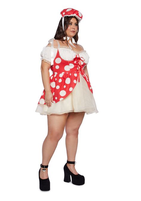 Rule the mushroom kingdom with this costume set that includes a mini dress that has a cotton and velour construction, a milkmaid style ruffled bodice, an underwire bust, structured boning, front lace up detailing, a mushroom print, ribbon shoulder ties, a peplum skirt, a back zipper closure, and a matching mushroom hat with adjustable ribbon ties. Milkmaid Costume, Mushroom Princess, Womans Halloween Costume, Mushroom Outfit, Mushroom Costume, Hot Halloween, Plus Swim, Mushroom Kingdom, Hot Halloween Outfits