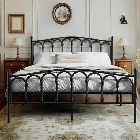 PRICES MAY VARY. Victorian Style: The black metal bed frame features elegant, classical lines and a versatile matte finish, adding a touch of sophistication to bedroom and complementing various decor styles Sturdy Construction: Tatub antique bed frame boasts a robust metal structure with a 1000 lbs weight capacity and 12 metal slats, offering exceptional support for your mattress Under-bed Storage: The wrought iron bed frame queen offers 12.5'' of discreet storage space for clothes, quilts, and Black Gothic Bed Frame, Bed And Dresser Set, White Iron Beds Bedroom Decorating Ideas, Goth Bed Frame, Bedroom With Black Iron Bed, Rod Iron Bed Frame, Black Bedframe Bedroom Ideas, Gothic Bed Frame, Vintage Metal Bed Frame